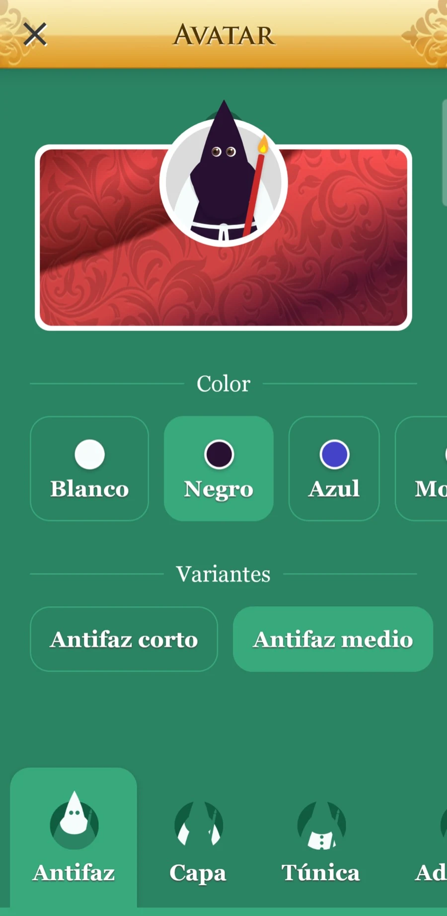 Pantalla de personalización del avatar