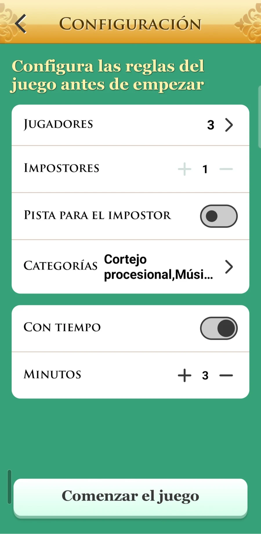 Pantalla de configuración del modo Impostor