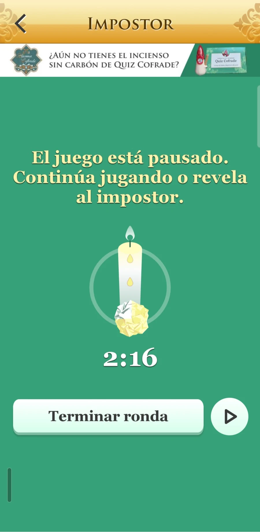 Pantalla de pausa del tiempo en el modo Impostor