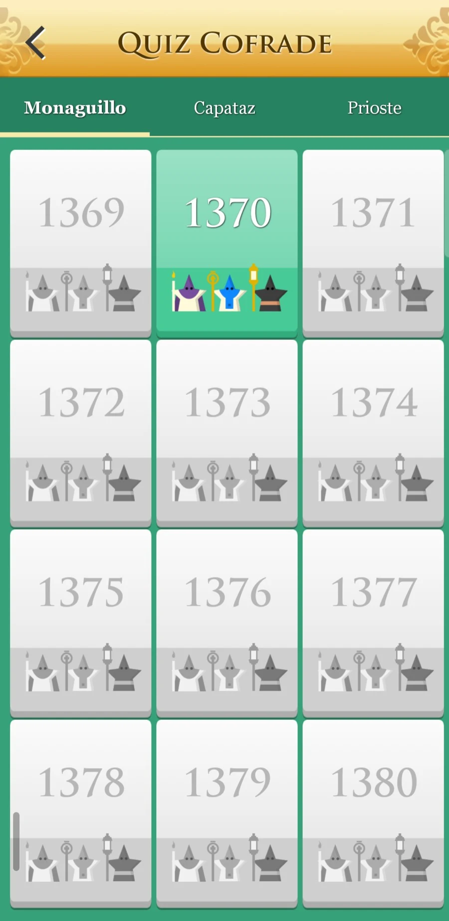 Selector de niveles y rangos en Quiz Cofrade