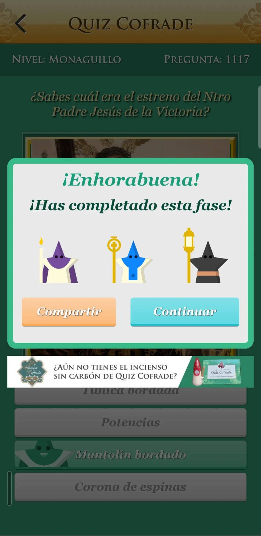 Pantalla de felicitación al completar una fase en Quiz Cofrade
